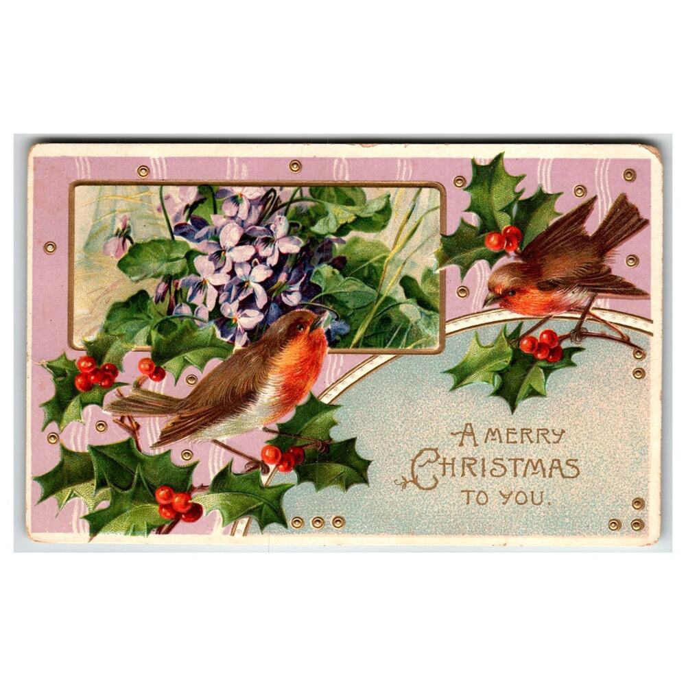 Vintage Christmas Postcard Robins Holly Violets Embossed 1914 Posted